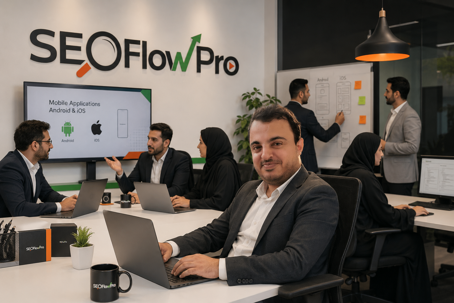 فريق تطبيقات الجوال في مكتب SEOFlowPro، وعلى الشاشة عرض لتطبيقات Android و iOS، وزميلان يرسمان شاشات التطبيق على لوح أبيض