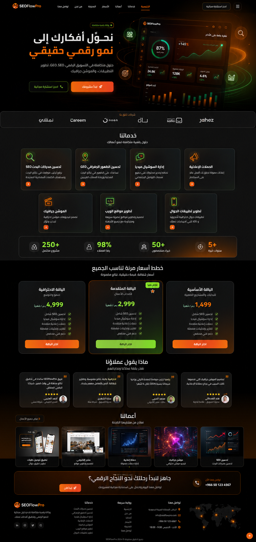 تصميم صفحة رئيسية داكنة لـ SEOFlowPro تضم الخدمات والإحصائيات والباقات وآراء العملاء ومعرض الأعمال